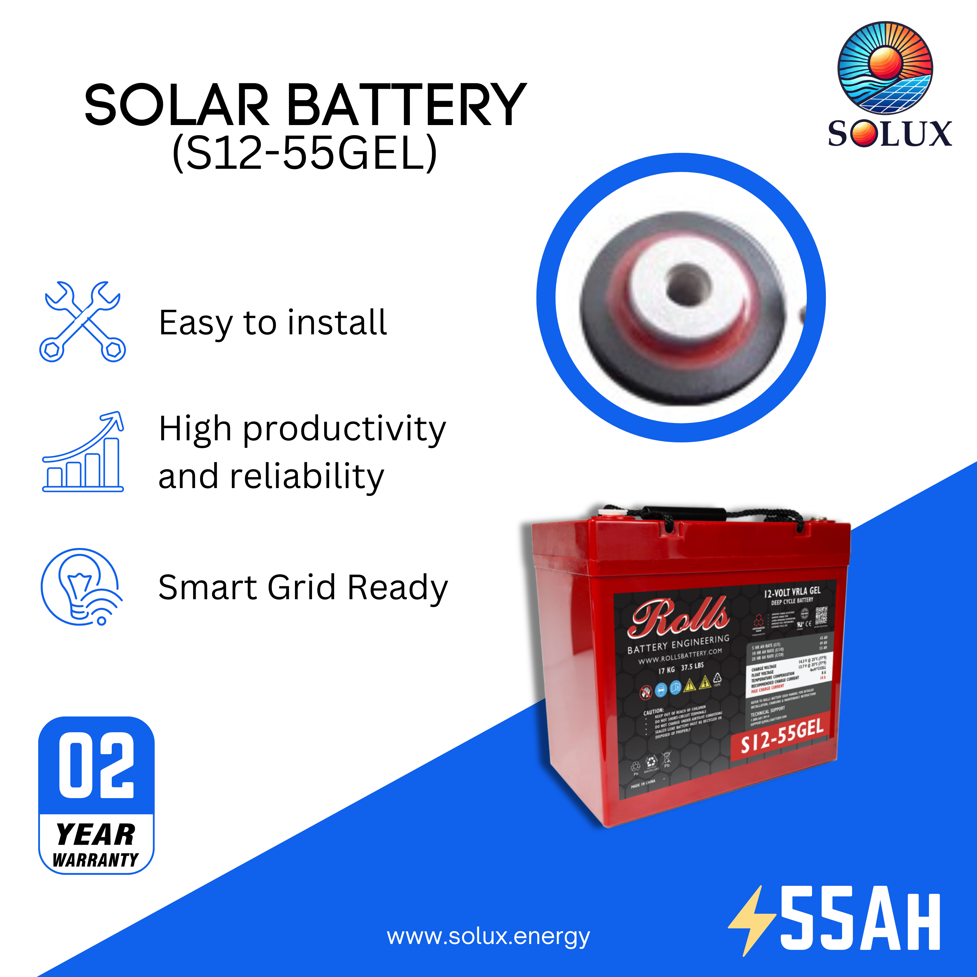 The rolls surrette s12-55gel battery is a reliable and compact deep cycle gel battery, ideal for smaller solar power systems, wheelchairs, and mobility scooters.